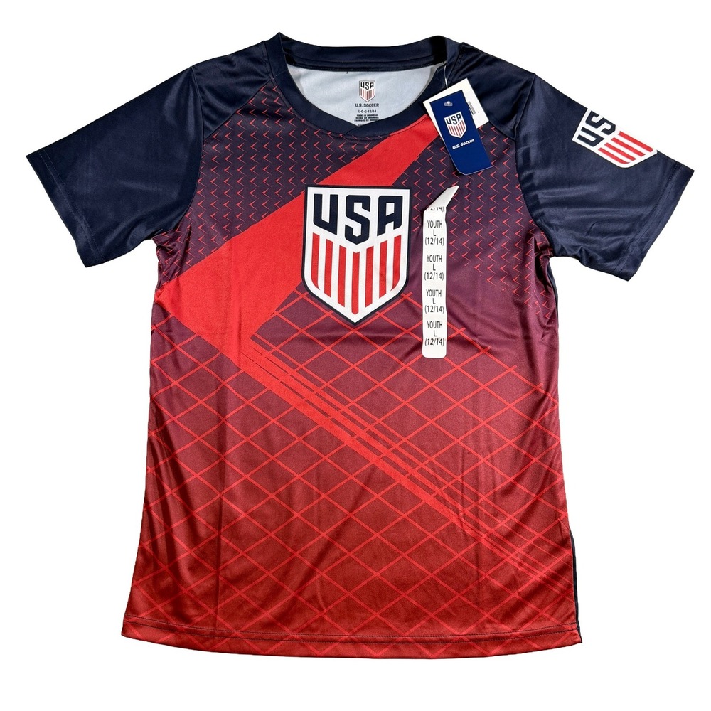 US Soccer Boys Youth Large 12/14 Short Sleeve Jersey Shirt Red Navy Blue NWT